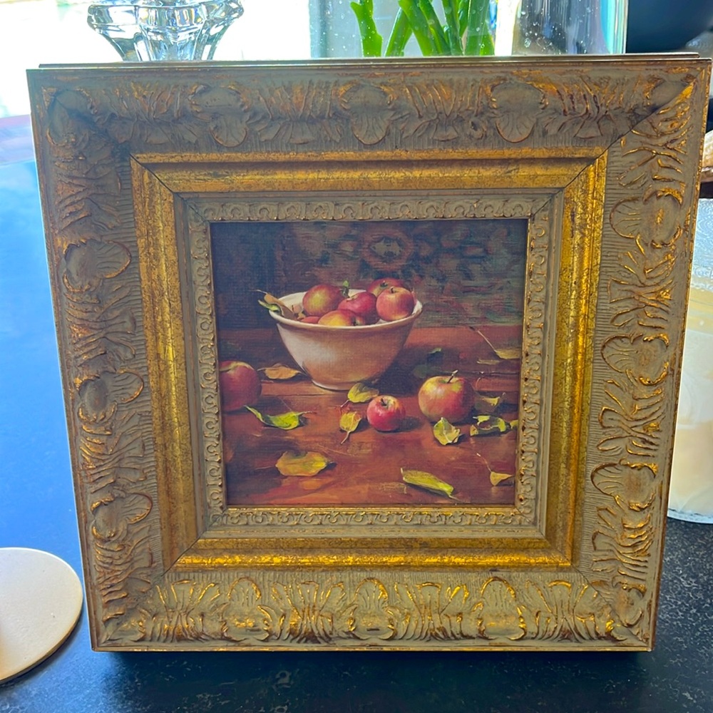 Gold wood frame still life apples in bowl, oil painting 9.5" x 9.5" beautiful